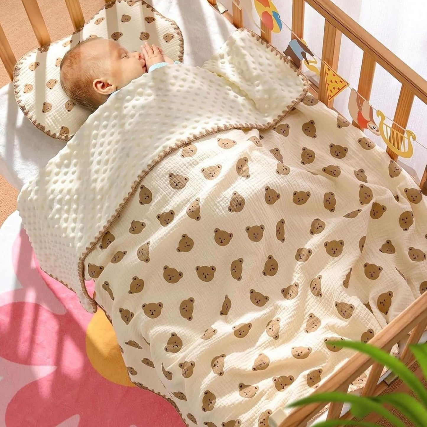 Tinitot Muslin Bubble Baby Blanket 6 Layer Cotton with Minky Dot, Ultra Soft Reversible Blanket, Breathable All Season Swaddle for Newborn 0–2 Years, 110x110 cm