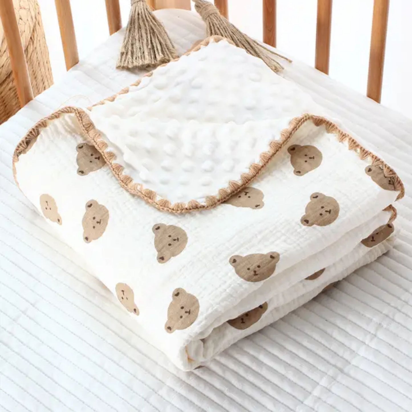 Tinitot Muslin Bubble Baby Blanket 6 Layer Cotton with Minky Dot, Ultra Soft Reversible Blanket, Breathable All Season Swaddle for Newborn 0–2 Years, 110x110 cm