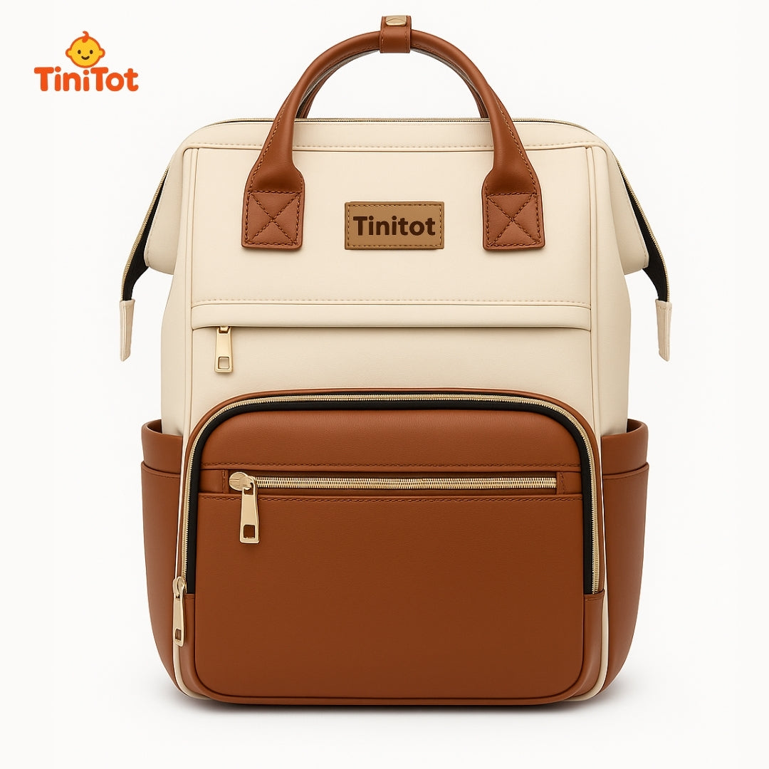 TiniTot Diaper Bag Backpack | Waterproof Rexine Baby Bag with Back Access & Phone Pocket | Brown & Cream