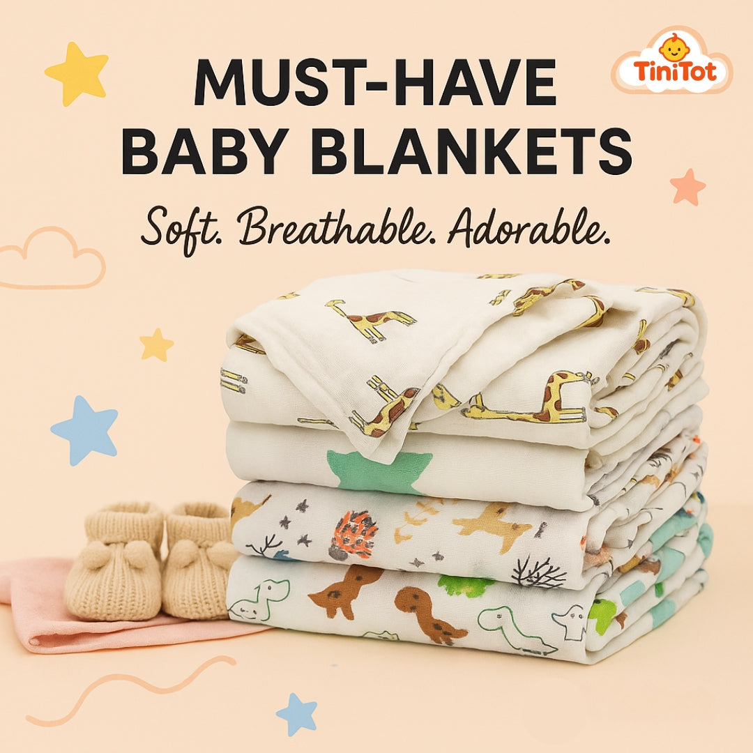 TiniTot Baby Muslin Swaddle Blanket | Pack of 3 | 100% Breathable Cotton | Newborn to 12 Months | Animal Print