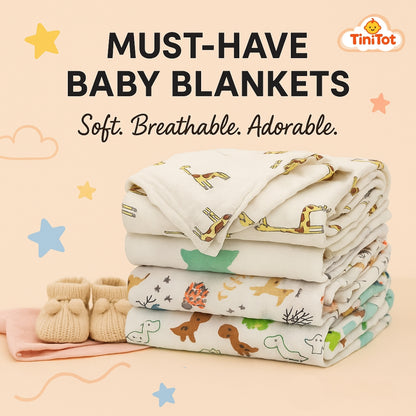 TiniTot Baby Muslin Swaddle Blanket | Pack of 3 | 100% Breathable Cotton | Newborn to 12 Months | Animal Print