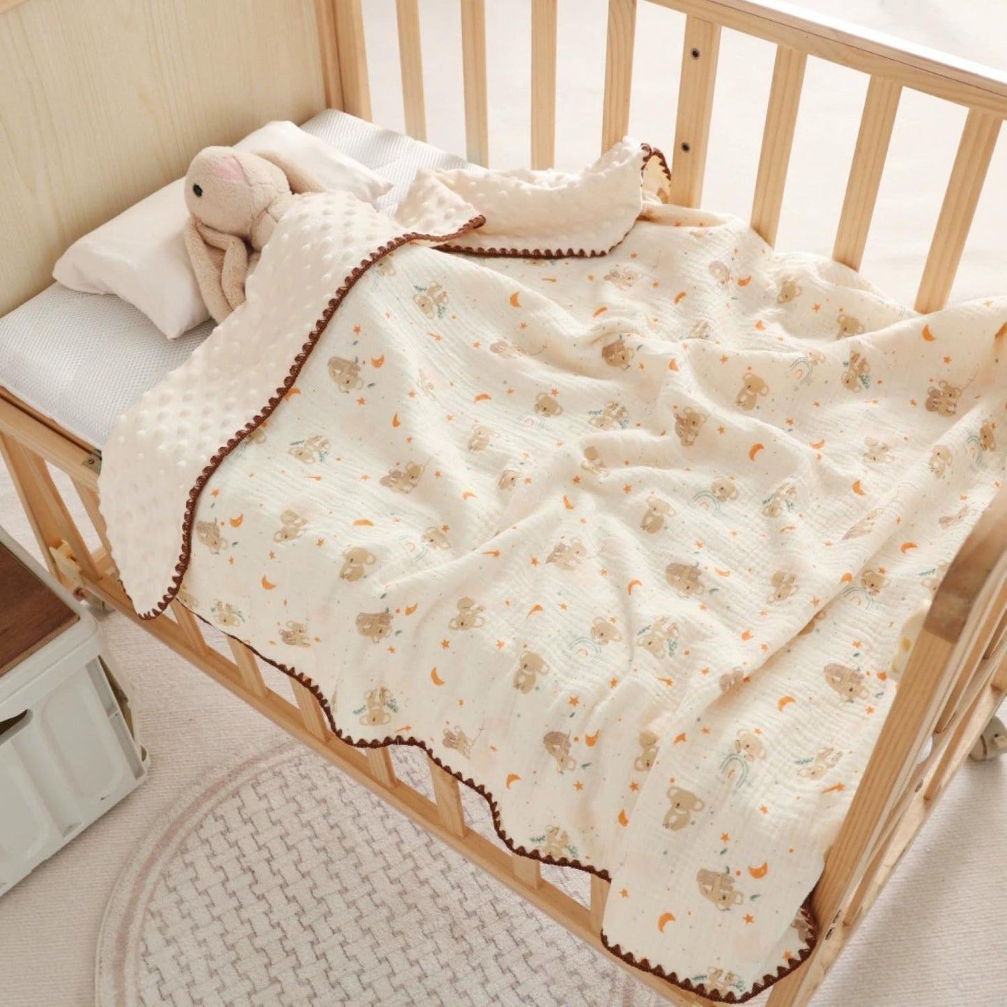 Tinitot Muslin Bubble Baby Blanket 6 Layer Cotton with Minky Dot, Ultra Soft Reversible Blanket, Breathable All Season Swaddle for Newborn 0–2 Years, 110x110 cm