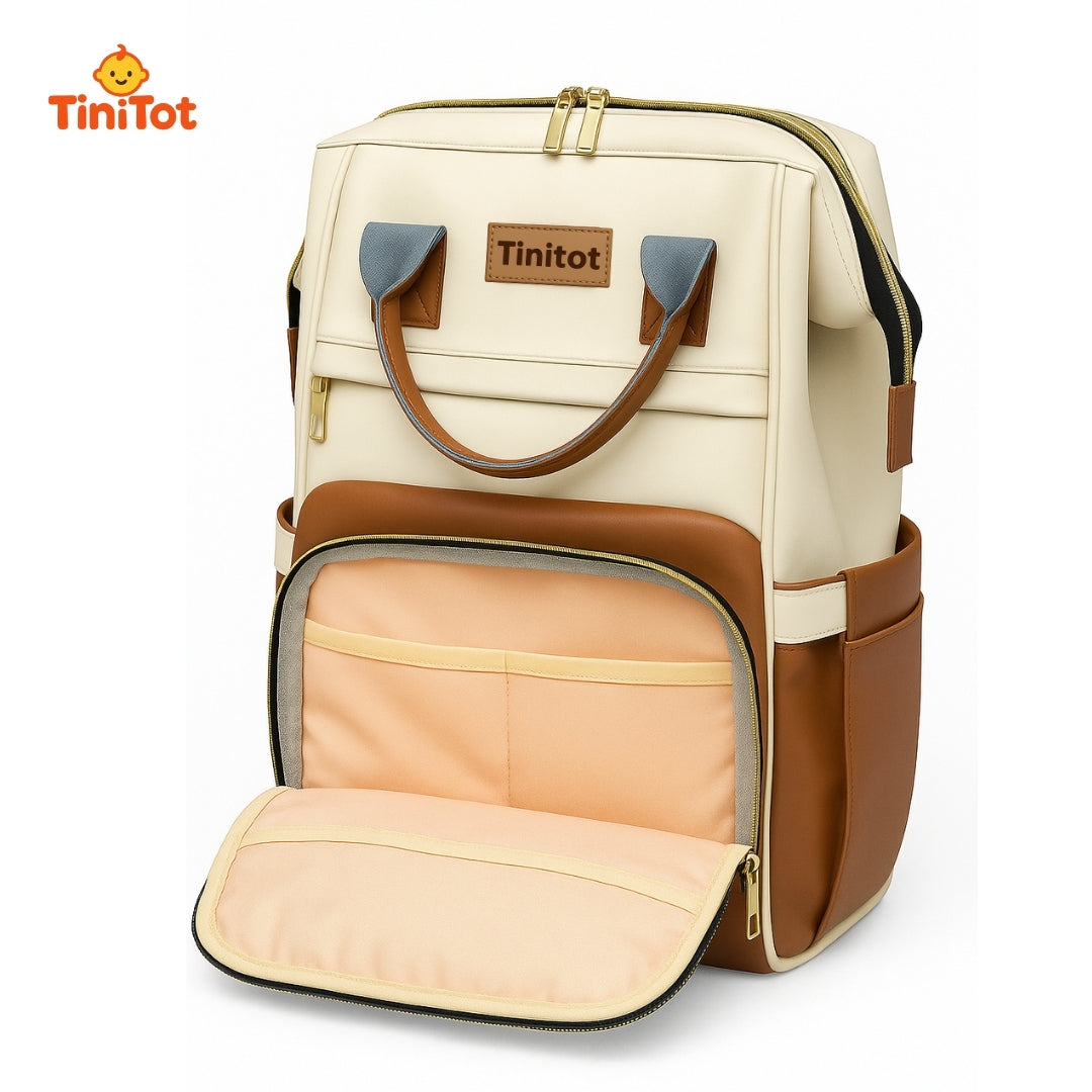 TiniTot Diaper Bag Backpack | Waterproof Rexine Baby Bag with Back Access & Phone Pocket | Brown & Cream
