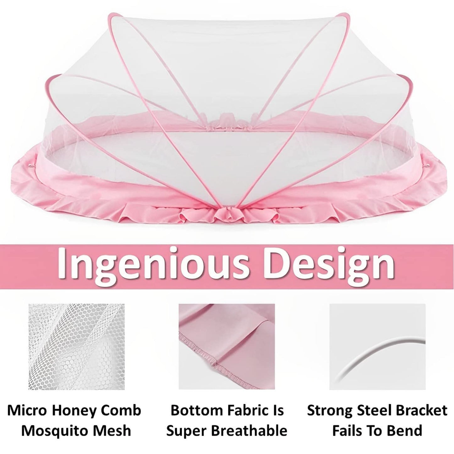 TiniTot Baby Mosquito Net | Foldable 360° Protection | No Zip No Hook | 0-24 Months | Pink