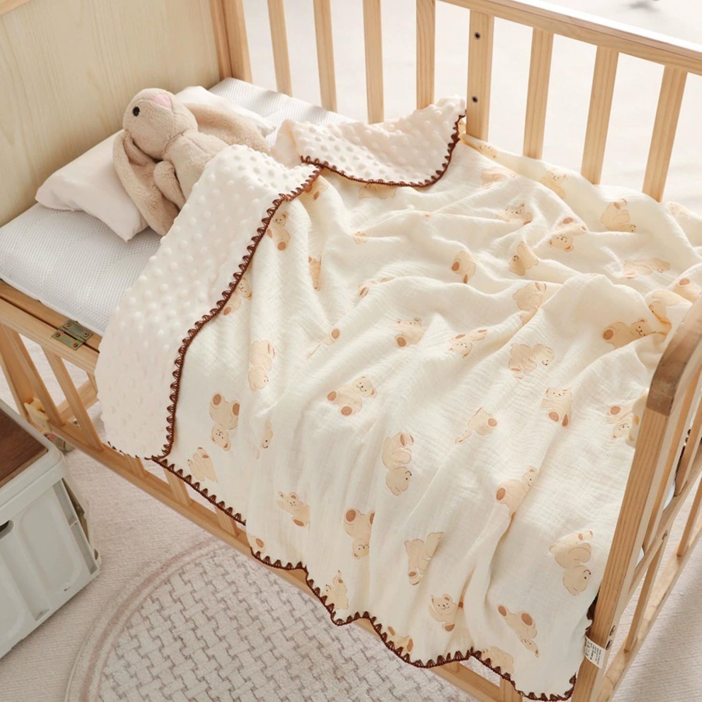Tinitot Muslin Bubble Baby Blanket 6 Layer Cotton with Minky Dot, Ultra Soft Reversible Blanket, Breathable All Season Swaddle for Newborn 0–2 Years, 110x110 cm