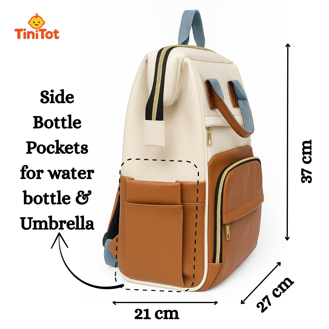 TiniTot Diaper Bag Backpack | Waterproof Rexine Baby Bag with Back Access & Phone Pocket | Brown & Cream