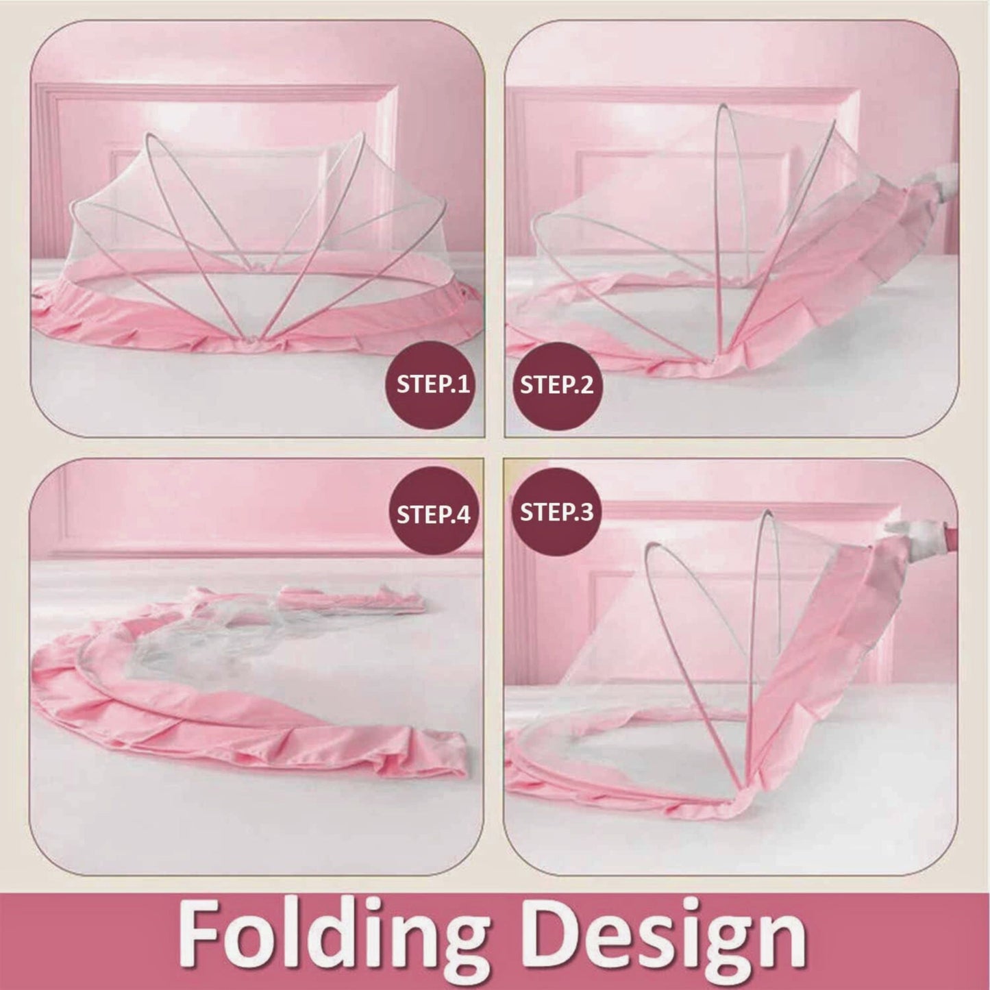 TiniTot Baby Mosquito Net | Foldable 360° Protection | No Zip No Hook | 0-24 Months | Pink