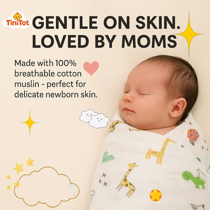 TiniTot Baby Muslin Swaddle Blanket | Pack of 3 | 100% Breathable Cotton | Newborn to 12 Months | Animal Print