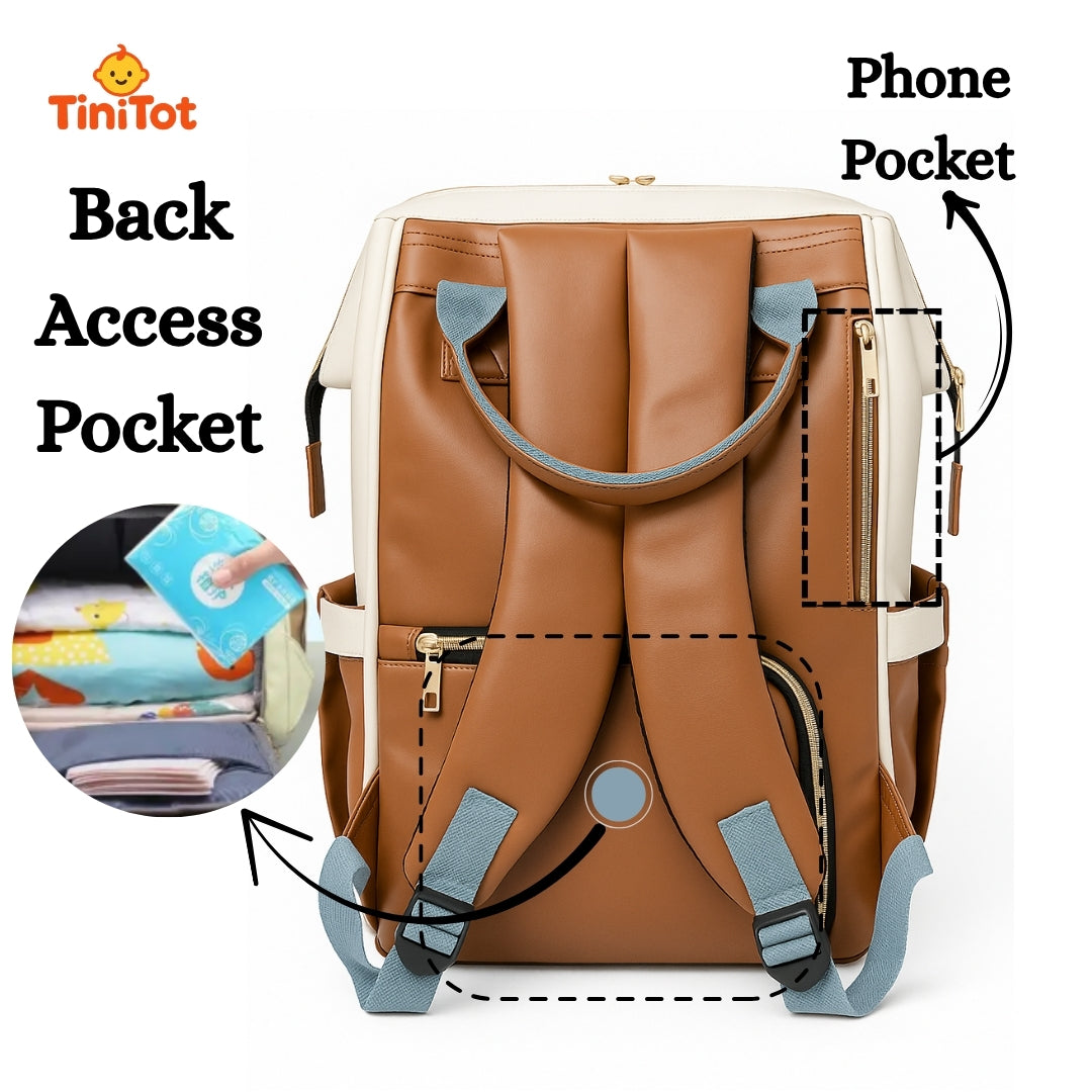 TiniTot Diaper Bag Backpack | Waterproof Rexine Baby Bag with Back Access & Phone Pocket | Brown & Cream