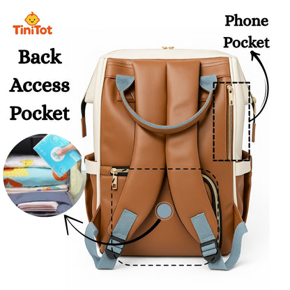TiniTot Diaper Bag Backpack | Waterproof Rexine Baby Bag with Back Access & Phone Pocket | Brown & Cream
