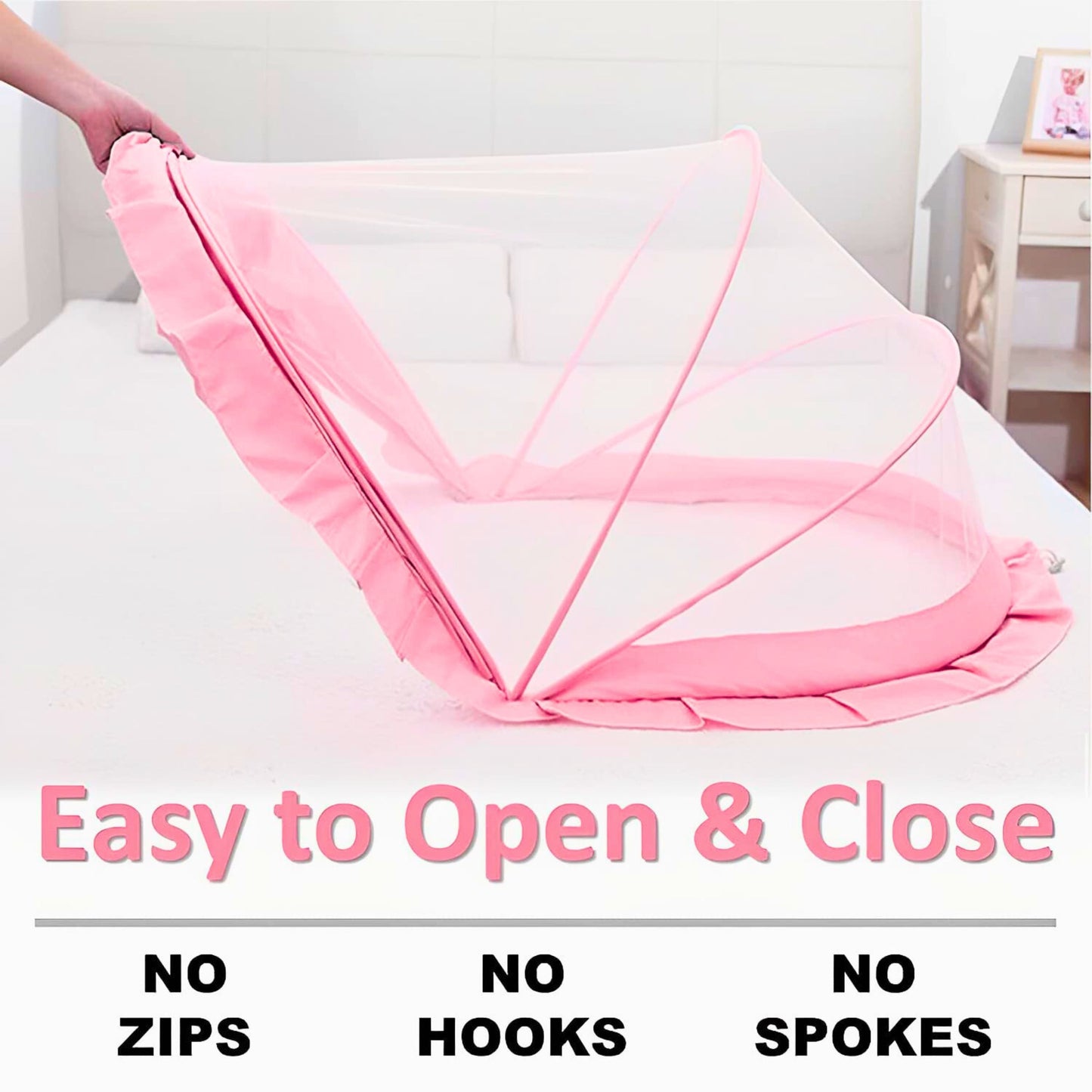 TiniTot Baby Mosquito Net | Foldable 360° Protection | No Zip No Hook | 0-24 Months | Pink