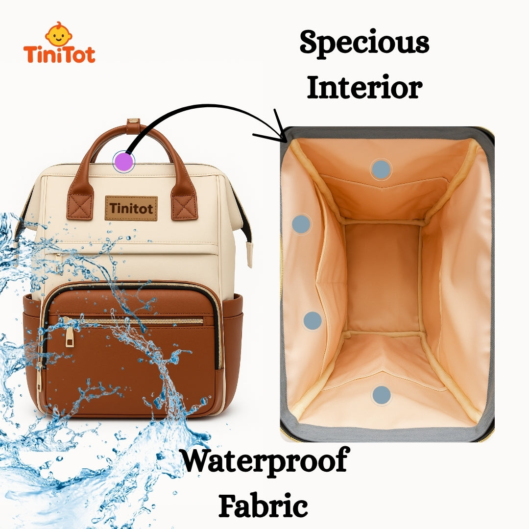 TiniTot Diaper Bag Backpack | Waterproof Rexine Baby Bag with Back Access & Phone Pocket | Brown & Cream
