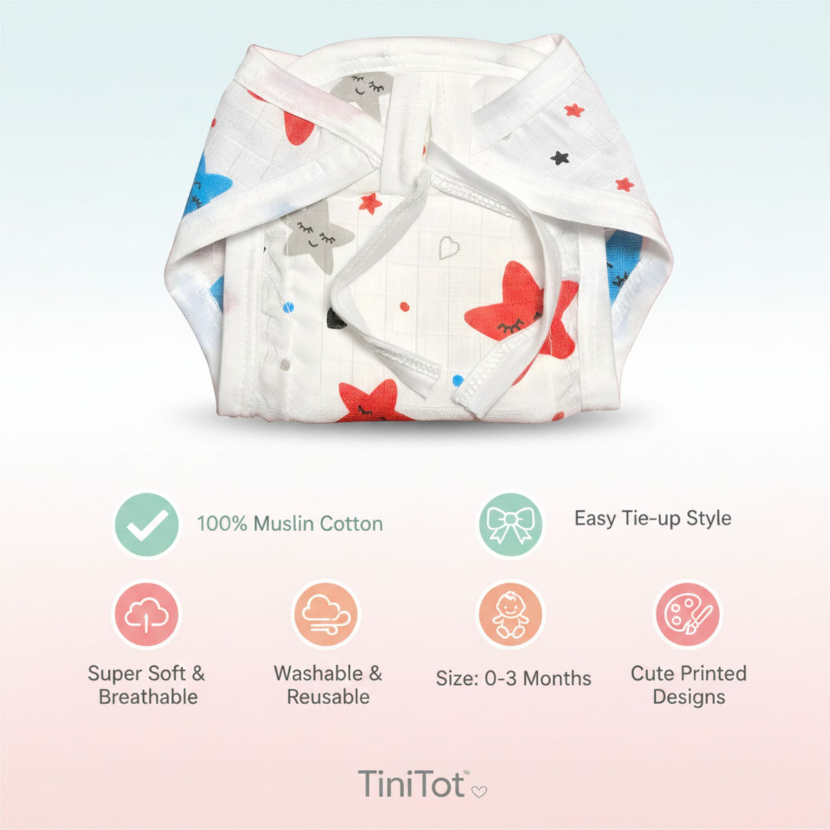 TiniTot Muslin Cloth Nappy | Langot - Pack of 3 | Washable & Reusable