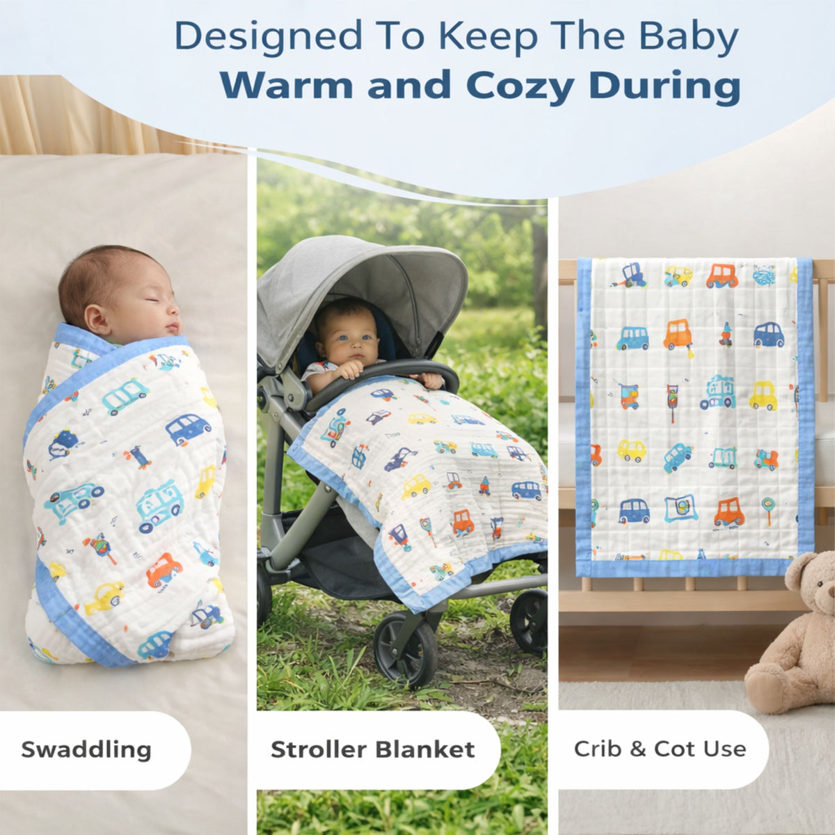 6 Layer Muslin Baby Blanket 100% Cotton, 110x110 cm, Soft Breathable Newborn Blanket, Lightweight Summer Swaddle for Babies