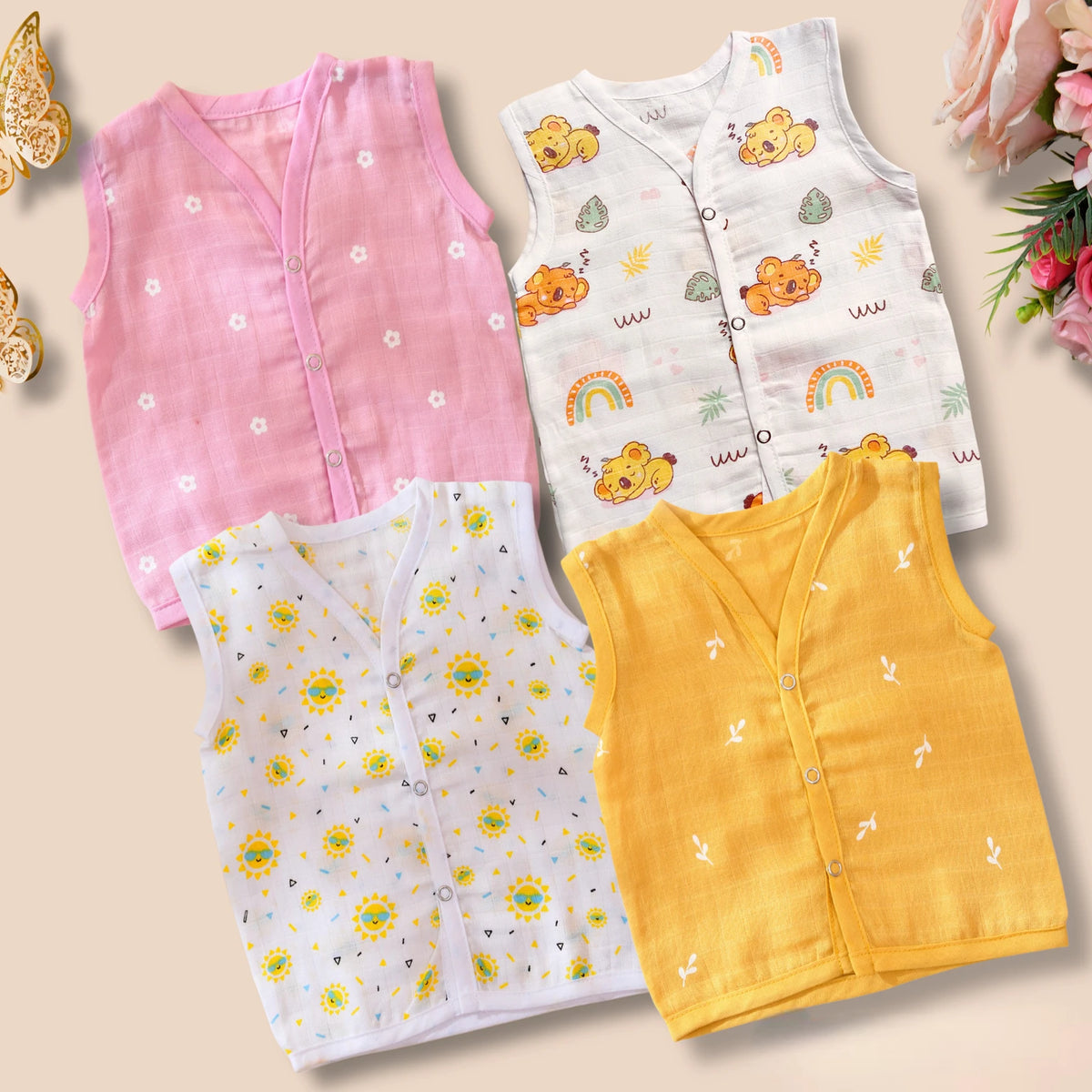 Muslin Cotton Baby Jabla Set | Pack of 4 | Soft Sleeveless Vest for Newborns & Infants