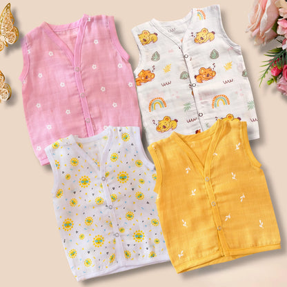 Muslin Cotton Baby Jabla Set | Pack of 4 | Soft Sleeveless Vest for Newborns & Infants