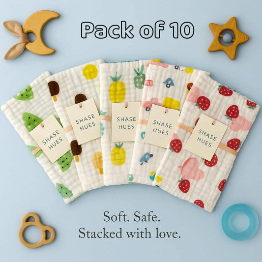 TiniTot 6 Layer Muslin Baby Face Towel | Wash Cloth & Burp Cloth | Pack of 10 | Multicolor Prints