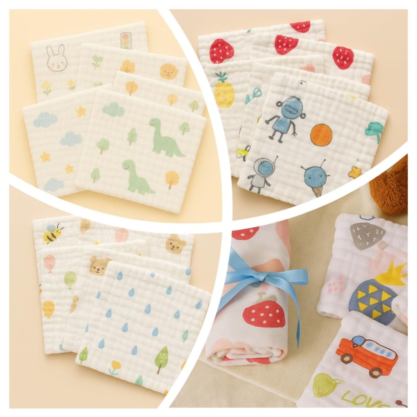 TiniTot 6 Layer Muslin Baby Face Towel | Wash Cloth & Burp Cloth | Pack of 12 | Multicolor Prints