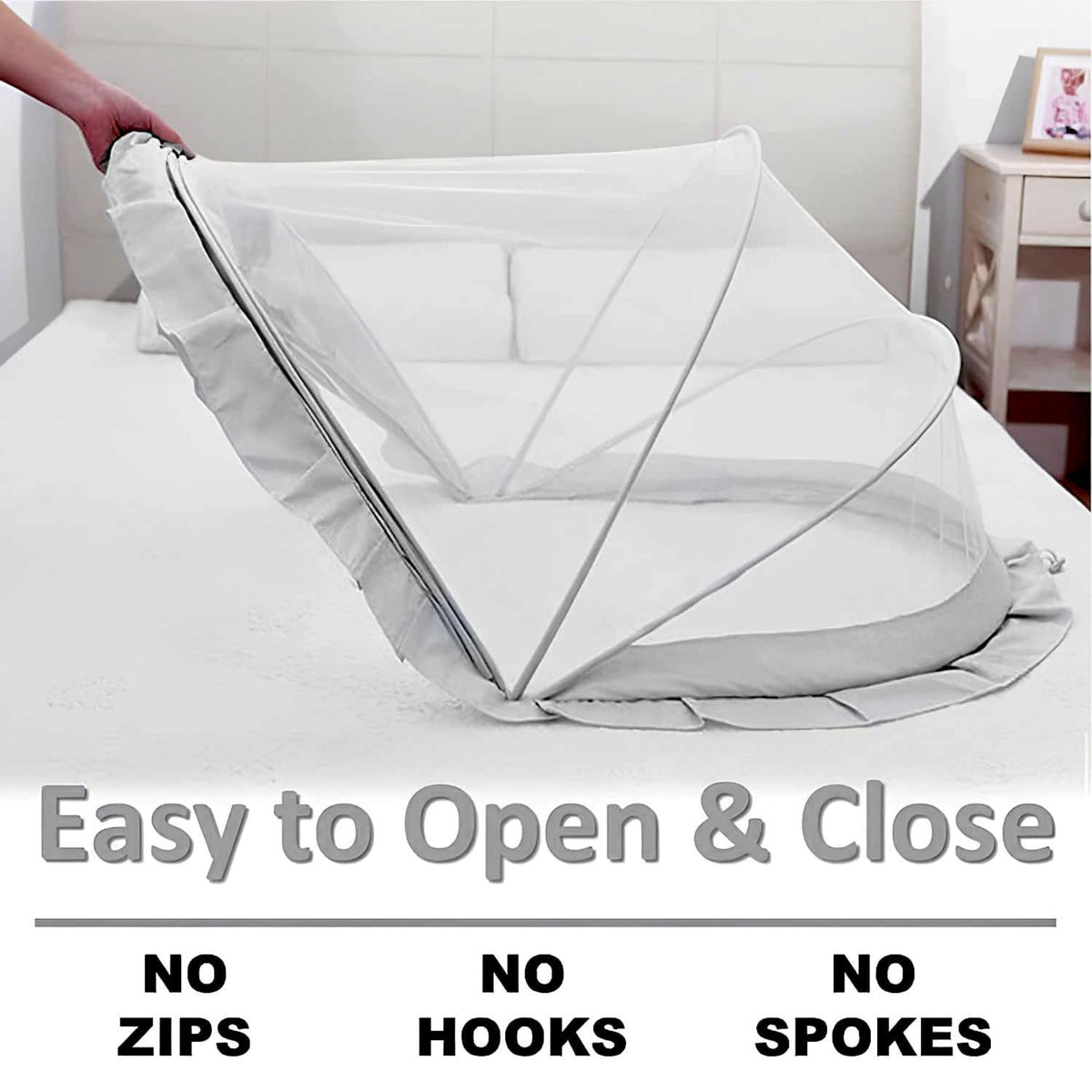 TiniTot Baby Mosquito Net | Foldable 360° Protection | No Zip No Hook | 0-24 Months | Grey