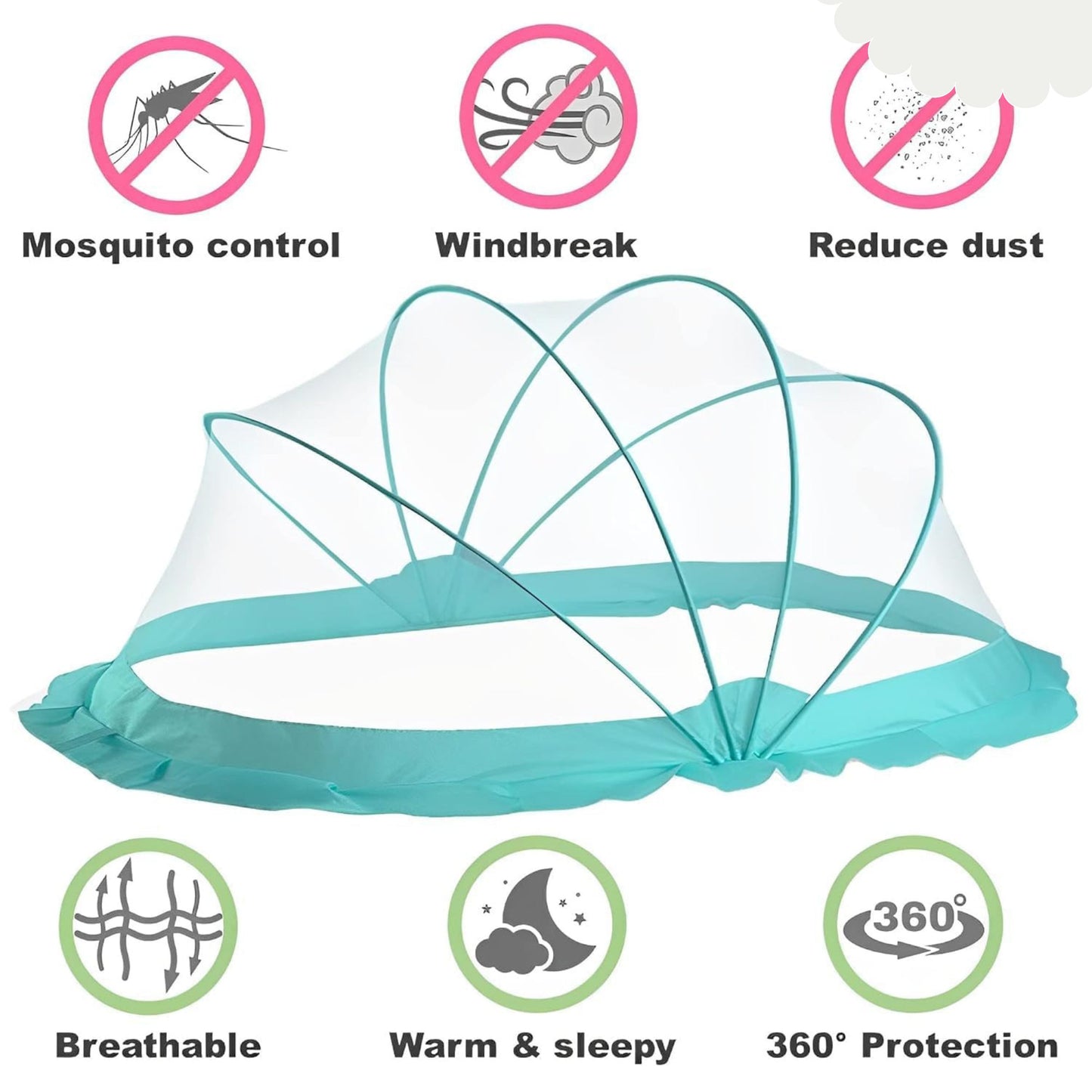 TiniTot Baby Mosquito Net | Foldable 360° Protection | No Zip No Hook | 0-24 Months | Mint Green