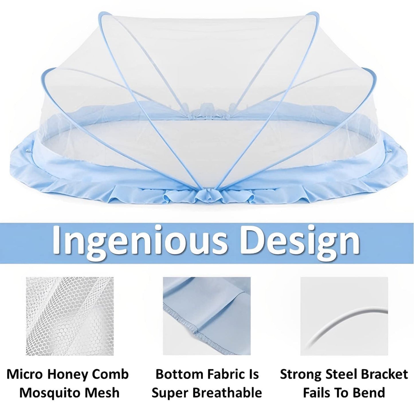 TiniTot Baby Mosquito Net | Foldable 360° Protection | No Zip No Hook | 0-24 Months | Blue