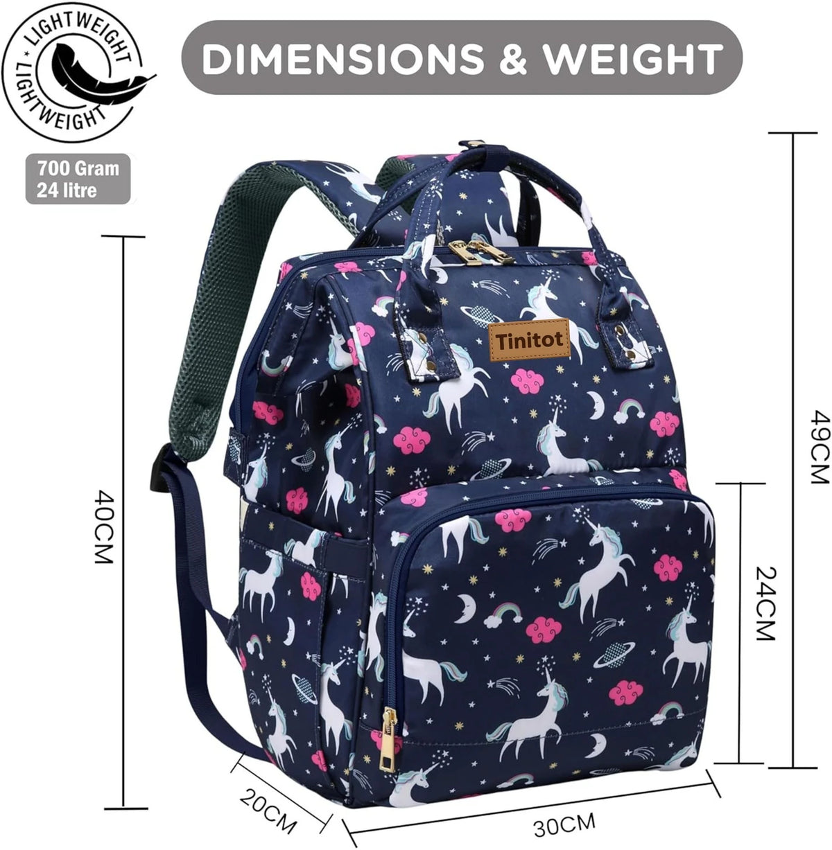 TiniTot Unicorn Diaper Backpack | Waterproof | Large 24L | Fashionable Baby Bag for Moms