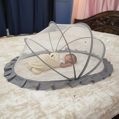 TiniTot Grey Mosquito Net - Baby Sleeping Inside